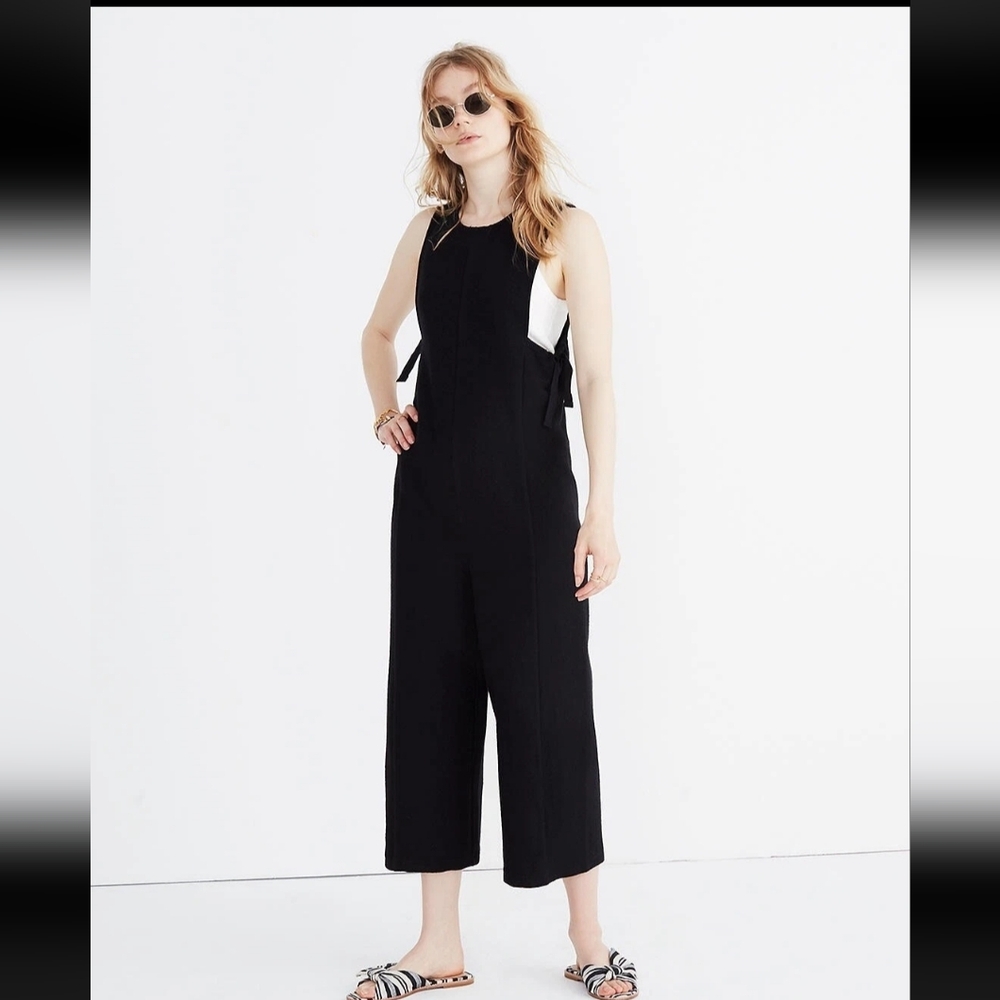 Madewell texture & thread side tie jumpsuit black M ribbed wide leg pant overall
